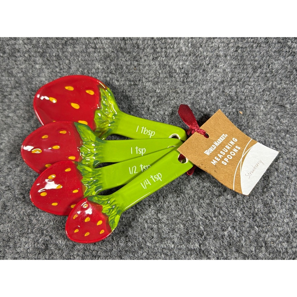 World Market Strawberry Ceramic Measuring Spoons Set Red Green New With Tags